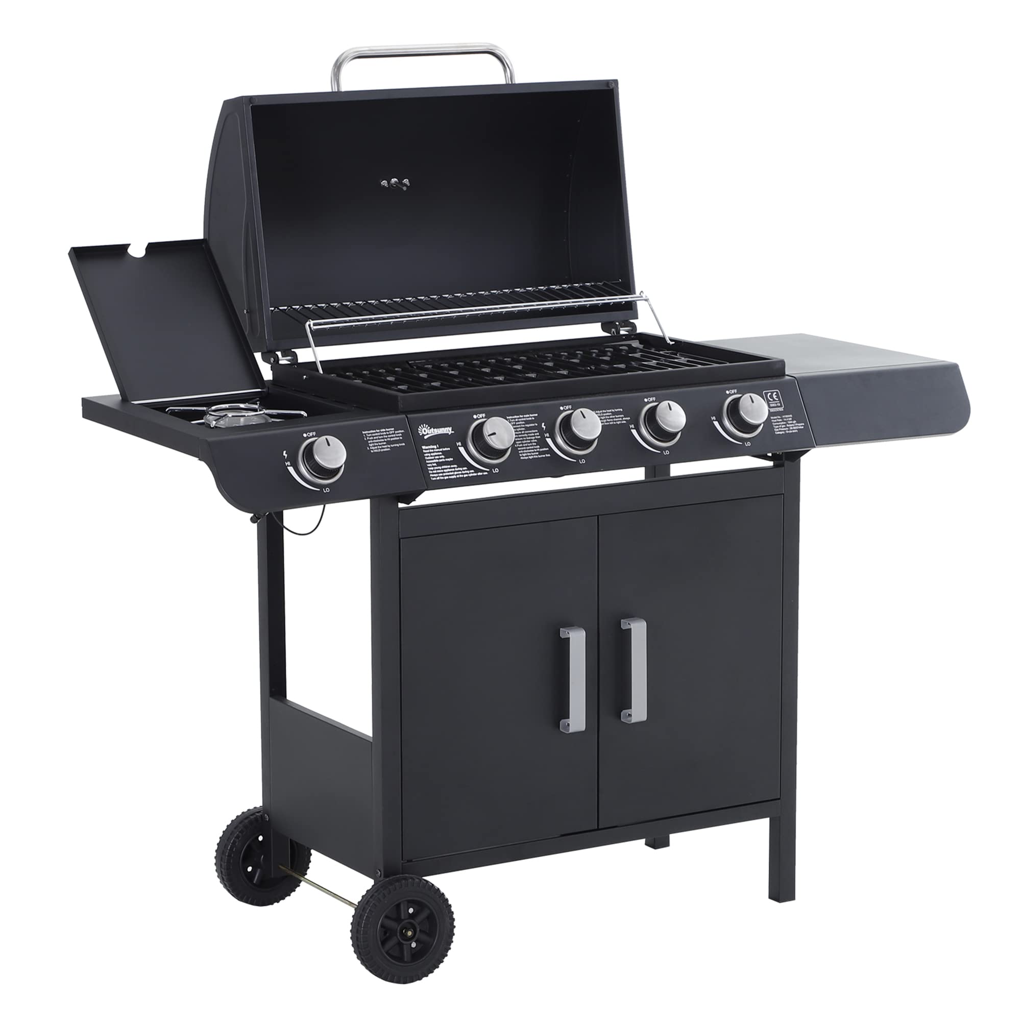Outsunny 4+1 Burner Gas BBQ Grill, Outdoor Barbecue Trolley with Wheels, Warming Rack, Side Shelves, Cabinet, Thermometer for Garden, Party, Camping, 125 L x 51 W x 100 H cm, Black