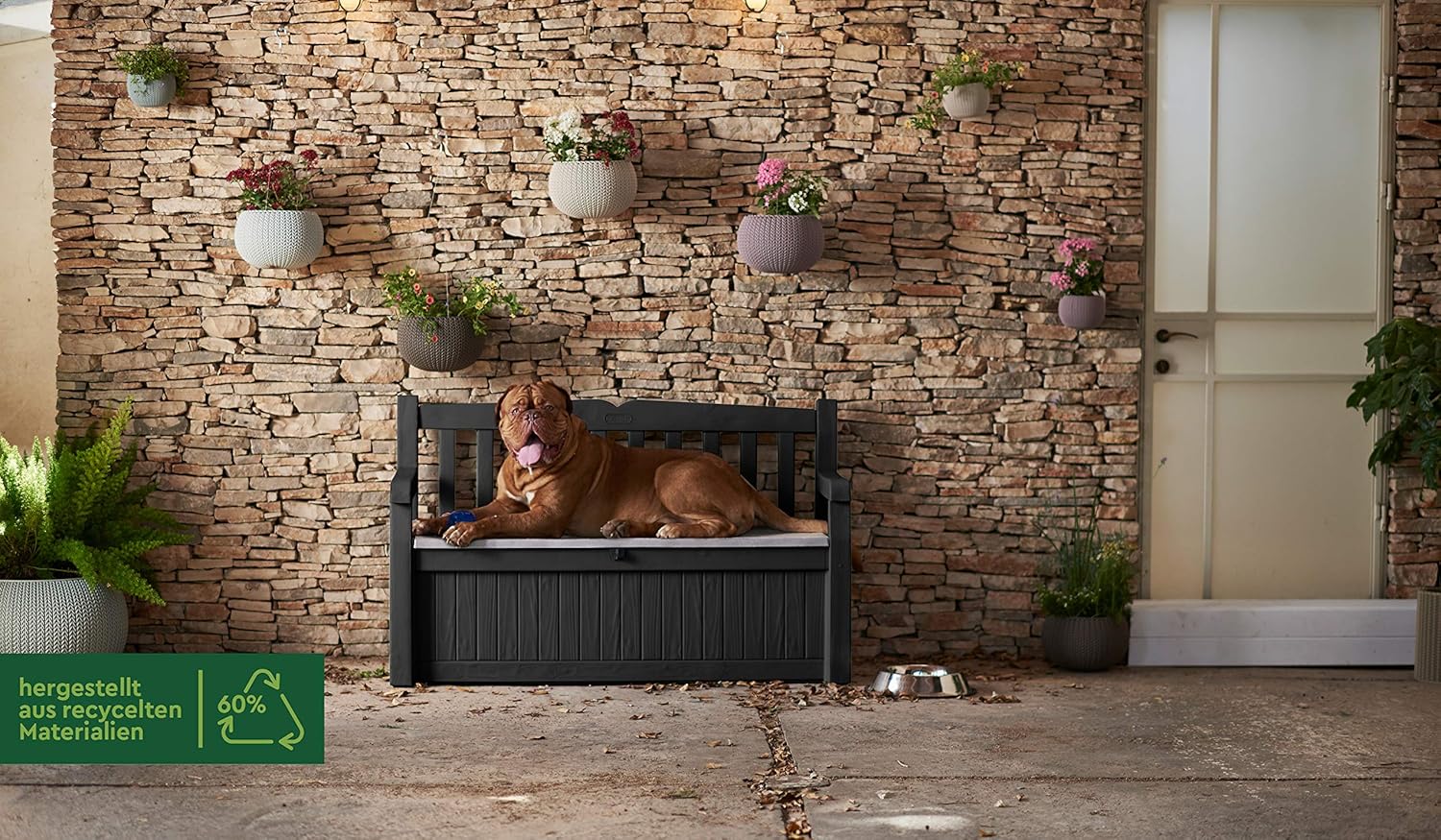Keter Eden Bench 265L Outdoor 60% recycled Garden Furniture Storage Box Graphite & Light Grey | Fade Free | All Weather Resistant | Safe and Secure | Zero Maintenance | 2 year Warranty