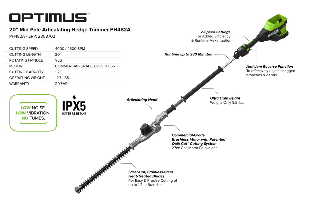 82V OPTIMUS 20" Mid-Pole Articulating Hedge Trimmer | PH482A